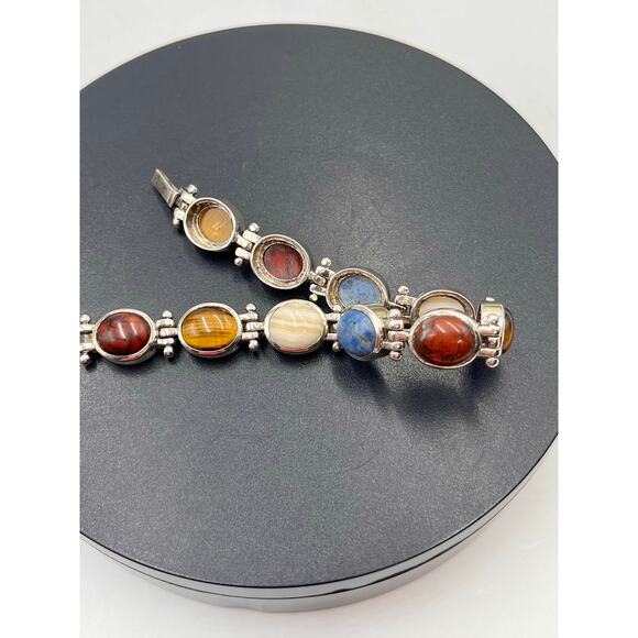 Sterling Silver Vintage Oval Stone Sodalite, Tigers Eye, Agate, Jasper Bracelet - Picture 6 of 9